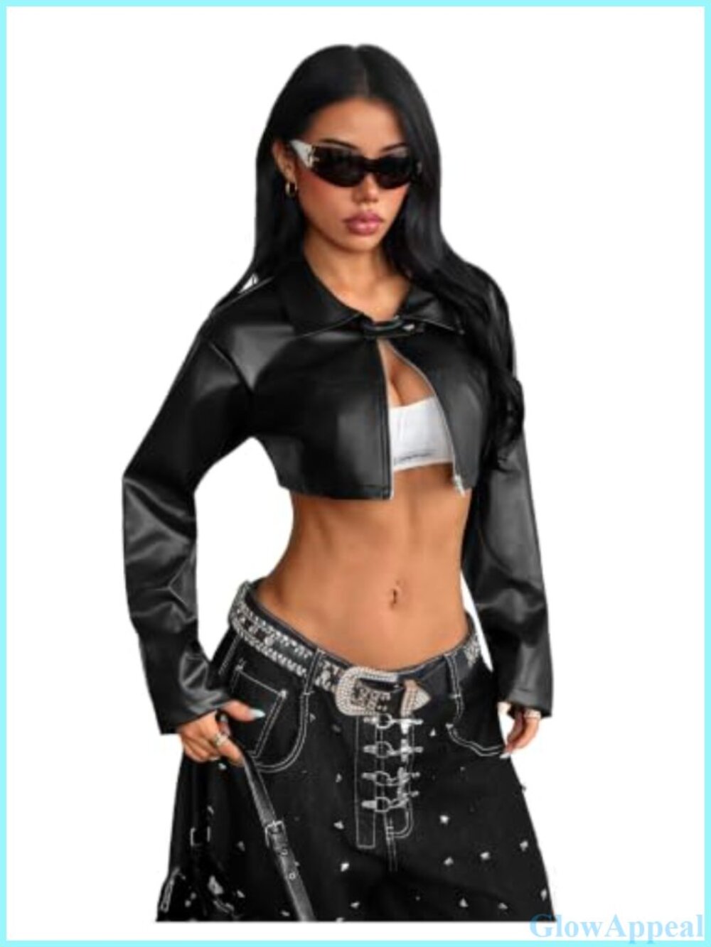 Faux Leather Cropped Moto Jacket Y2K Zip Collared Bomber